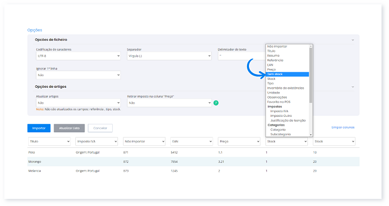 Importar artigos a partir de um ficheiro XLS, XLSX ou CSV 9